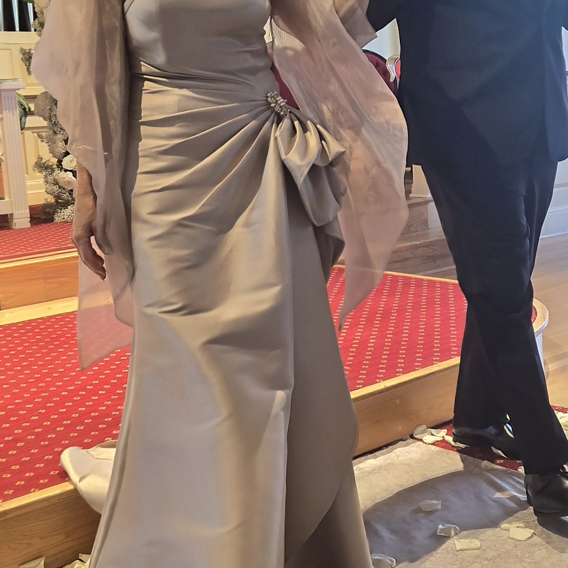Terani Couture Taupe Satin Ruched Evening Gown With Brooch Accent